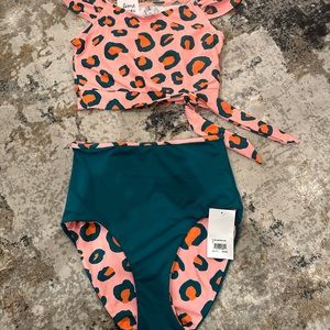Lime Ricki leopard print cap sleeve top high waist reversible bottoms swimsuit